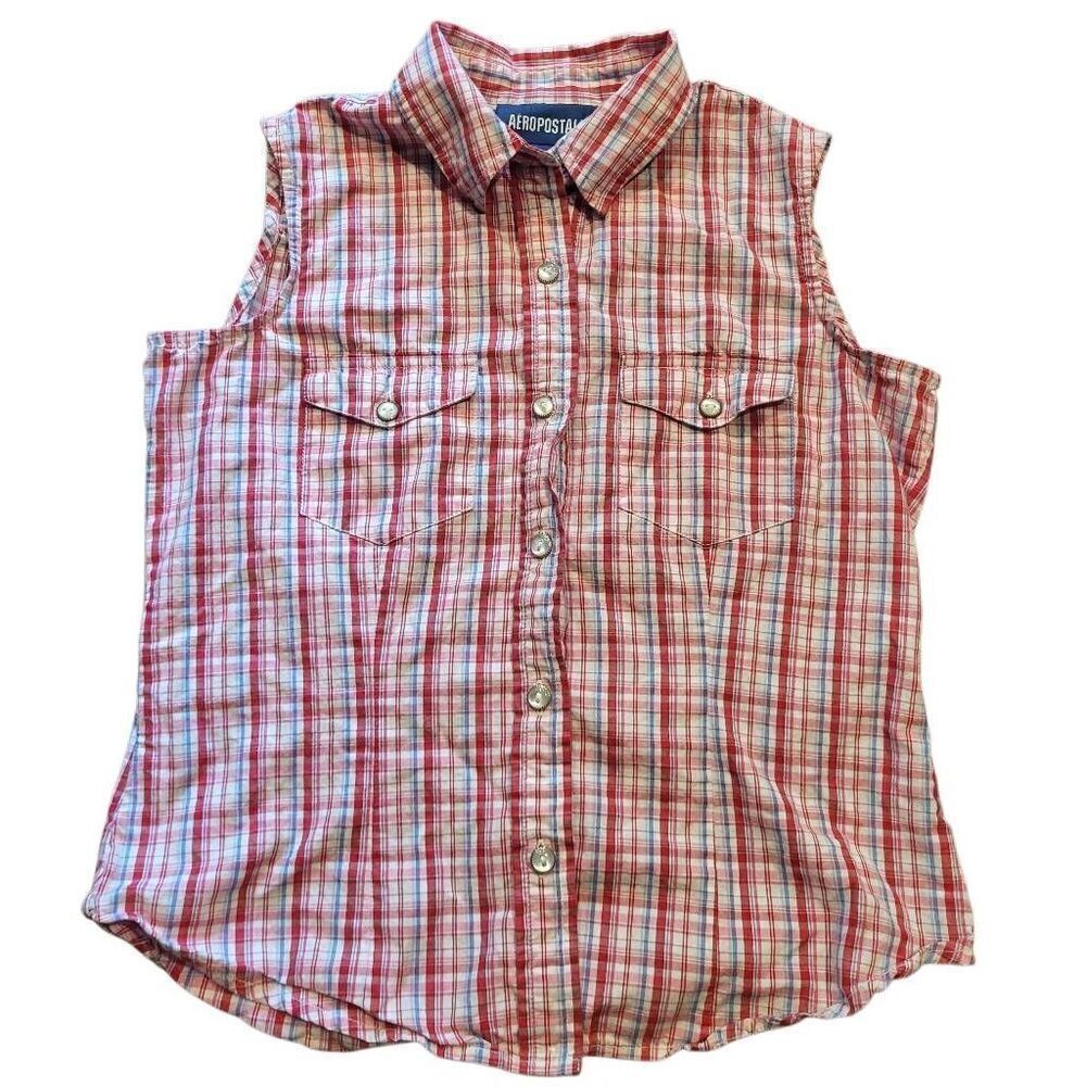 Vintage 90s Aeropostale Top Women's XS Plaid Red White Blue Pearl Button Tank